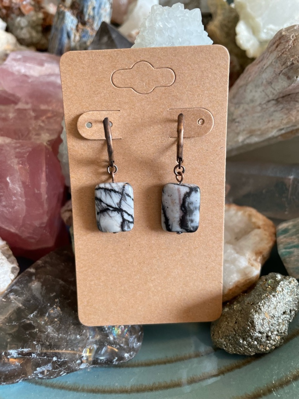 Natural Picasso Jasper Rectangle Drop Earrings - White & Black